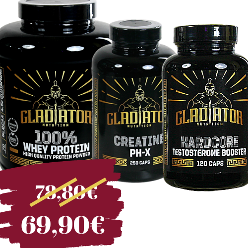Gladiator 100% whey protein 1kg + Gladiator Creatine PHx 250tbl. + Gladiator Hardcore testobooster 120tbl 